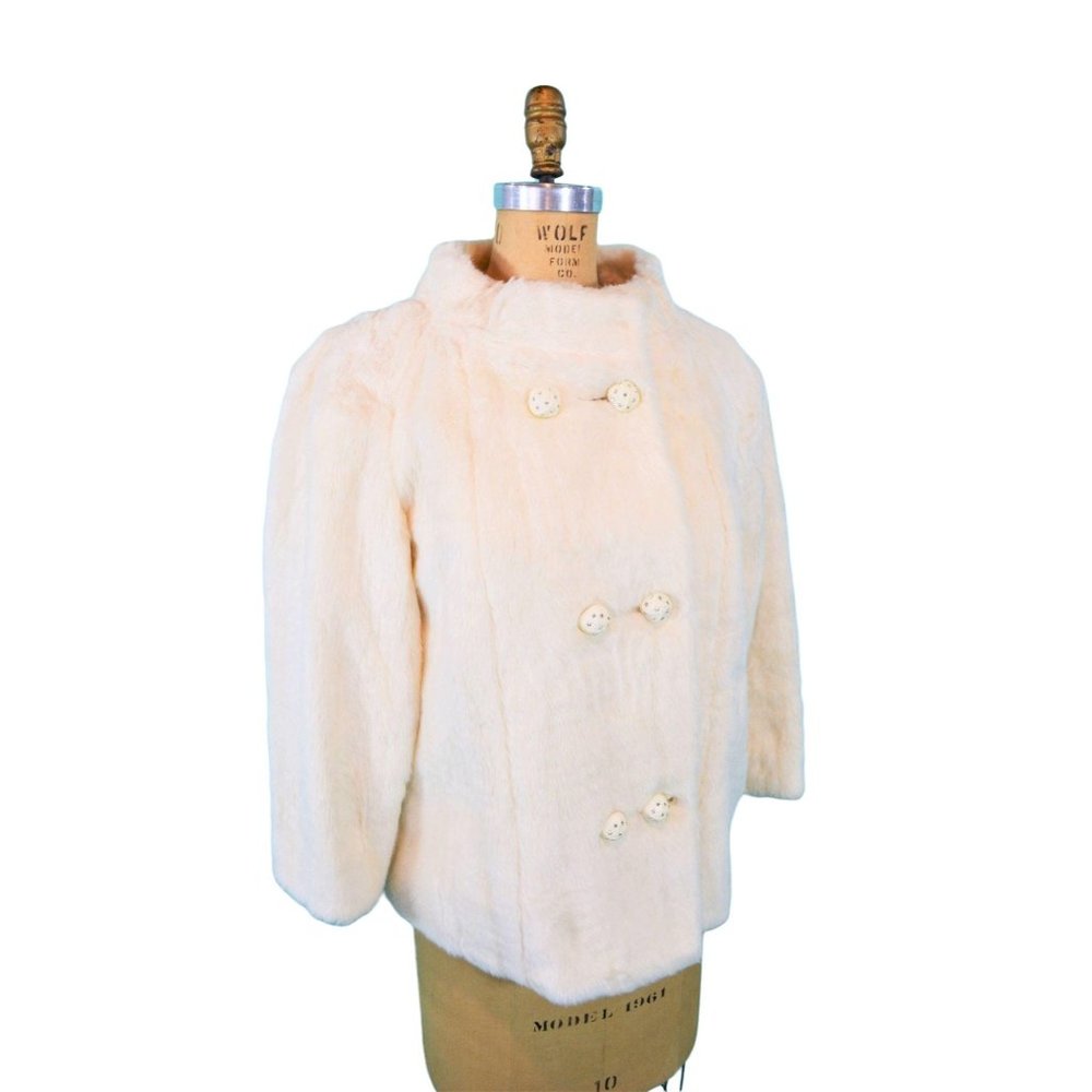 Vintage 1960s Faux Fur Jacket White Rhinestone Buttons Glamorous Evening - Picture 6 of 10